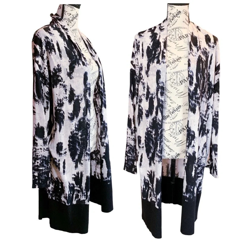 Nic+Zoe Castaway Open Front Cardigan Sweater Duster Abstract Black White XS